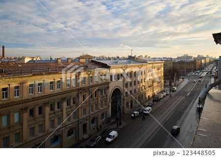 Enjoy a scenic view of the beautiful city with historic architecture and a cloudy sky Enjoy a scenic view of the beautiful city with historic architecture and a cloudy sky 123448505