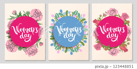 International Women's day greeting poster set. Floral festive frame for Social media. Spring holidays background with delicate pink peonies and roses. 8 march lettering. Vector flat illustration. 123448851
