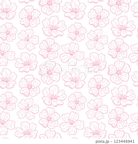 Seamless pattern with pink cherry blossoms, contour ornament, delicate Japanese-style pattern. For clothes, textiles, wallpaper. Vector background Seamless pattern with pink cherry blossoms, contour ornament, delicate Japanese-style pattern. For clothes, textiles, wallpaper. Vector background 123448941