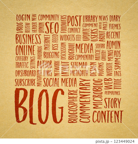 cloud of words or tags related to blogging and blog design - handwriting on art paper cloud of words or tags related to blogging and blog design - handwriting on art paper 123449024