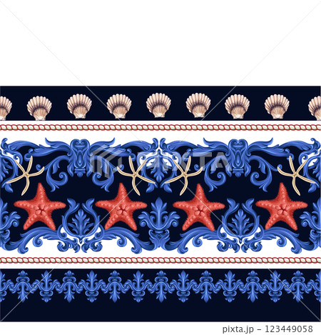Border with baroque elements, rope, sea stars. Vector. Border with baroque elements, rope, sea stars. Vector. 123449058