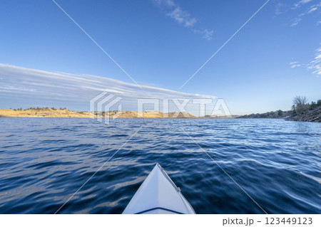 winter sunset kayaking or canoeing on Horsetooth Reservoir near Fort Collins, Colorado - POV paddler perspective winter sunset kayaking or canoeing on Horsetooth Reservoir near Fort Collins, Colorado - POV paddler perspective 123449123