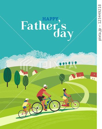 Happy Fathers Day family fun activity vector poster. Dad and kids, daughter, son ride bikes in countryside background. Parent, children enjoy leisure time together. Fathers Day Adventure illustration 123449218