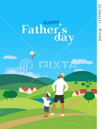 Happy father and son enjoy balloon flying. Fathers day poster. Family leisure activity on nature. Dad, kid boy together escape adventure. Holiday celebration memories background vector illustration 123449219