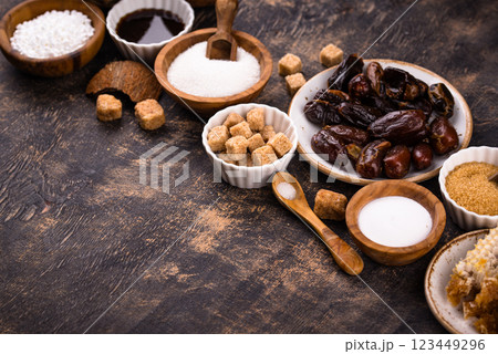 Various sugar replacement, healthy sweetener concept Various sugar replacement, healthy sweetener concept 123449296
