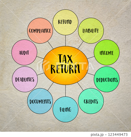 tax return infographics, formal statement filed with the government, income, expenses, and other relevant financial information for specific tax year tax return infographics, formal statement filed with the government, income, expenses, and other relevant financial information for specific tax year 123449473