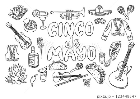 Cinco de Mayo black and white vector doodles Cinco de Mayo black and white vector doodles 123449547