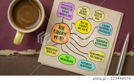 The calorie myth challenges the oversimplified notion that managing body weight is purely about calories in versus calories out. Mind map infographics sketch. The calorie myth challenges the oversimplified notion that managing body weight is purely about calories in versus calories out. Mind map infographics sketch. 123449579