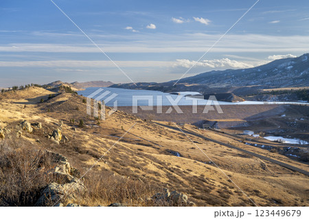 Horsetooth Reservoir at foothills of Rocky Mountains in northern Colorado, winter scenery 123449679