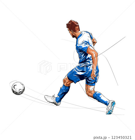 Soccer player kicking ball, football. Isolated vector illustration. Rear view. Team sport Soccer player kicking ball, football. Isolated vector illustration. Rear view. Team sport 123450321