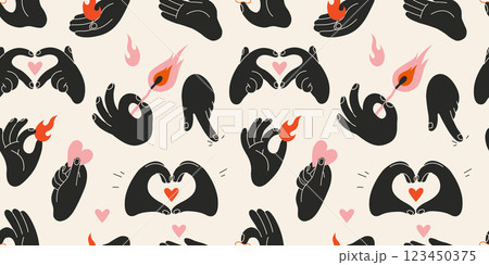 Seamless pattern with black Hands gestures, flames, match and heart. Love, passion and creativity concept. Trendy modern vector illustration on light background, hand drawn, flat design Seamless pattern with black Hands gestures, flames, match and heart. Love, passion and creativity concept. Trendy modern vector illustration on light background, hand drawn, flat design 123450375