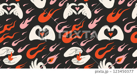 Seamless pattern with flames and Hands gestures making Heart shape or holding fire. Love and passion concept in y2k aesthetic. Trendy modern vector illustration on black background, hand drawn, flat Seamless pattern with flames and Hands gestures making Heart shape or holding fire. Love and passion concept in y2k aesthetic. Trendy modern vector illustration on black background, hand drawn, flat 123450377