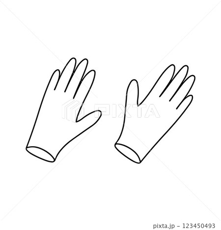 Hand drawn polyethylene gloves of hair care products isolated on white background. Hairdresser doodle rubber gloves for hair dye. Scribble adults and kids coloring page. Thin line hands protection 123450493