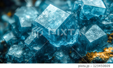 Blue cubic crystals with sharp edges forming a stunning mineral cluster, reflecting light Blue cubic crystals with sharp edges forming a stunning mineral cluster, reflecting light 123450609