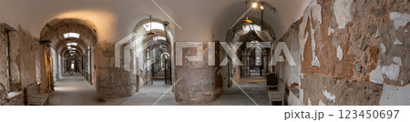 Panoramic view across multiple cellblocks at Eastern State Penitentiary historic site. 123450697
