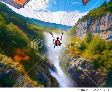 A paraglider soars above a vibrant valley with a waterfall cascading down rocky cliffs during a clear, sunny day. Generative AI 123450781