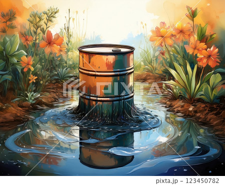 A rusty barrel emerging from a serene pond surrounded by vibrant flowers in a tranquil landscape during sunset. Generative AI 123450782