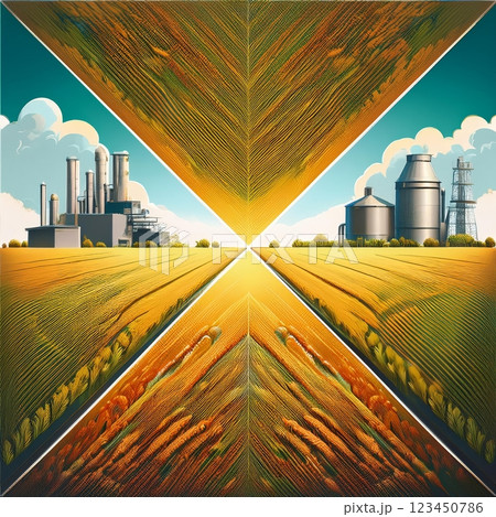 A vibrant sunrise illuminating a vast agricultural landscape with silos and farming equipment in the distance at dawn. Generative AI 123450786