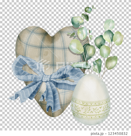 Handmade textile heart, eucalyptus branch, easter egg and blue bow. Suitable for craft, DIY and handmade business design, greeting cards, blog illustrations, vintage decorations or toy store marketing Handmade textile heart, eucalyptus branch, easter egg and blue bow. Suitable for craft, DIY and handmade business design, greeting cards, blog illustrations, vintage decorations or toy store marketing 123450832