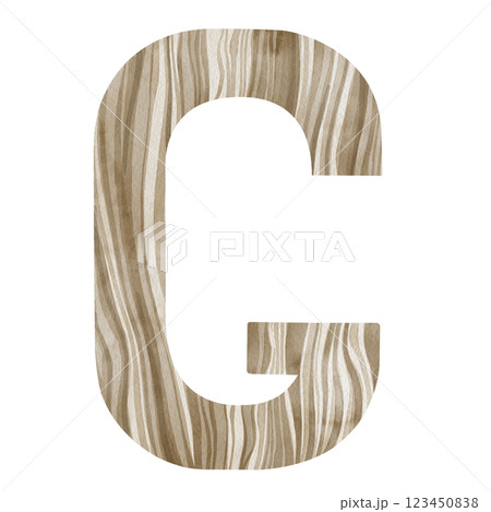 "G" Letter. Watercolor alphabet with wooden texture. Natural font for decorations, postcards, invitations. Perfect for scrapbooking, printing, education, services related to furniture or woodworking. 123450838