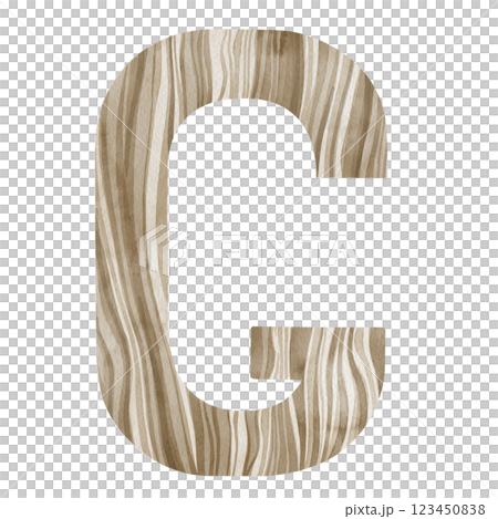 "G" Letter. Watercolor alphabet with wooden texture. Natural font for decorations, postcards, invitations. Perfect for scrapbooking, printing, education, services related to furniture or woodworking. 123450838