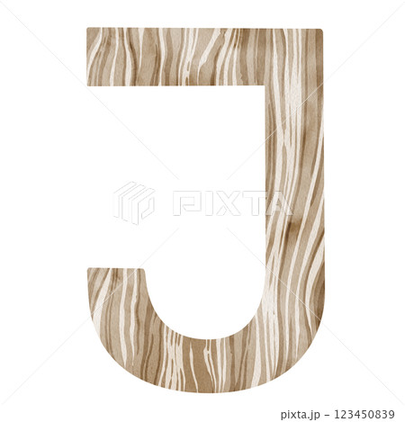 "J" Letter. Watercolor alphabet with wooden texture. Natural font for decorations, postcards, invitations. Perfect for scrapbooking, printing, education, services related to furniture or woodworking. 123450839