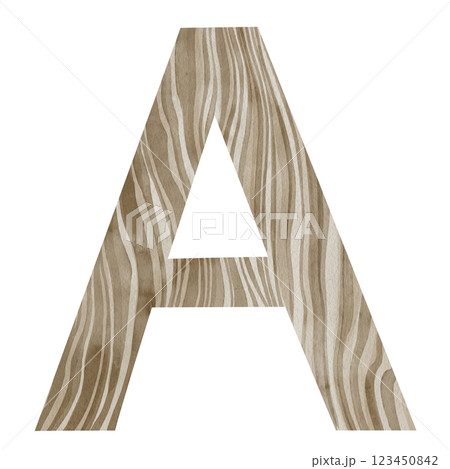 "A" Letter. Watercolor alphabet with wooden texture. Natural font for decorations, postcards, invitations. Perfect for scrapbooking, printing, education, services related to furniture or woodworking. 123450842