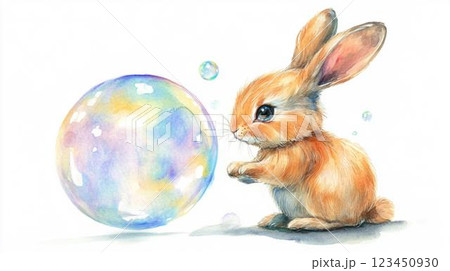 シャボン玉とウサギの水彩イラストデザイン 123450930