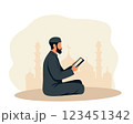 Illustration of a Muslim man reading the Quran in front of a mosque. Represents spirituality, Islamic faith, prayer, devotion, and religious practice, perfect for Ramadan, Islamic holidays, and religi 123451342