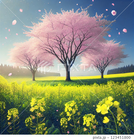 桜並木と菜の花畑が広がる春の絶景 桜並木と菜の花畑が広がる春の絶景 123451800