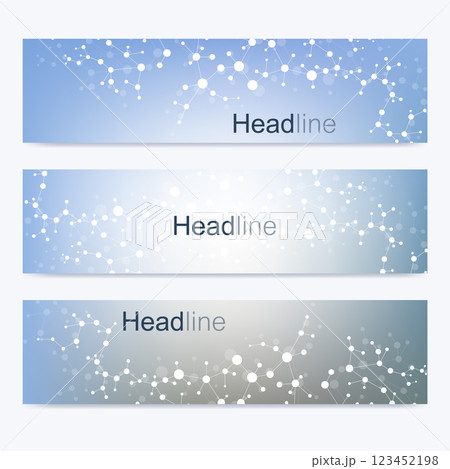 Scientific set of modern vector banners. DNA molecule structure with connected lines and dots. Science vector background. Medical, tecnology, chemistry design. 123452198