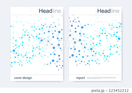 Scientific brochure design template. Vector flyer layout, Molecular structure with connected lines and dots. Scientific pattern atom DNA with elements for magazine, leaflet, cover, poster design. Scientific brochure design template. Vector flyer layout, Molecular structure with connected lines and dots. Scientific pattern atom DNA with elements for magazine, leaflet, cover, poster design. 123452212