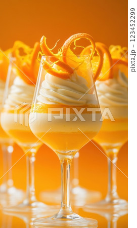 Silky orange mousse with cream and fresh orange slices in a tall goblet. Bright citrus contrasts with airy cream, elegantly garnished with zest curls 123452299