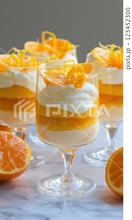 Silky orange mousse with cream and fresh orange slices in a tall goblet. Bright citrus contrasts with airy cream, elegantly garnished with zest curls 123452300
