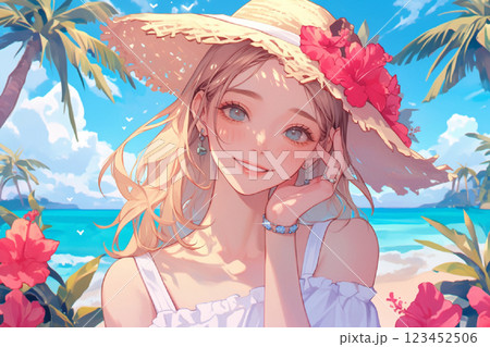 ビーチにいる麦わら帽子をかぶった美女 ビーチにいる麦わら帽子をかぶった美女 123452506