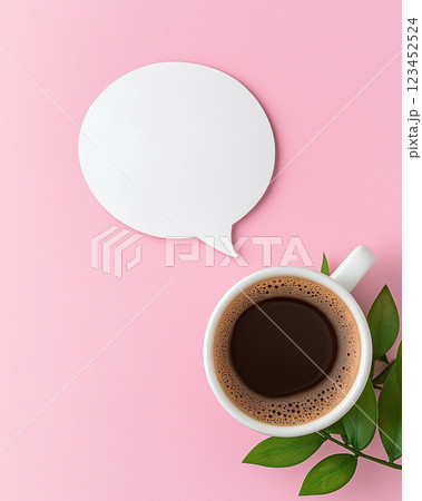 Coffee cup beside a blank speech bubble on a pink background. AI generated 123452524