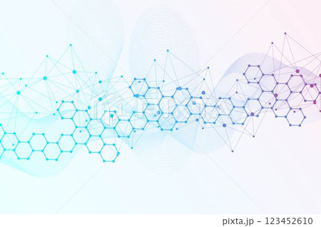Modern scientific background with hexagons, lines and dots. Wave flow abstract background. Molecular structure for medical, technology, chemistry, science. Vector illustration Modern scientific background with hexagons, lines and dots. Wave flow abstract background. Molecular structure for medical, technology, chemistry, science. Vector illustration 123452610