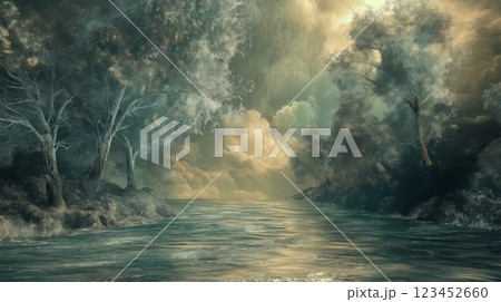 Beautiful river landscape with fog and trees at dawn 123452660