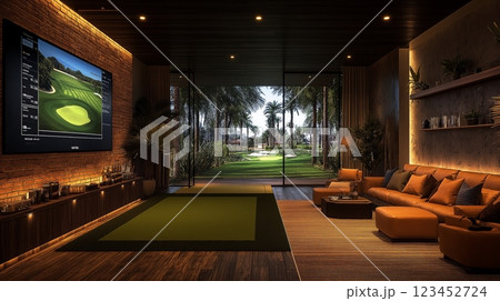 Indoor golf simulator in a luxurious setting with palm trees outside 123452724