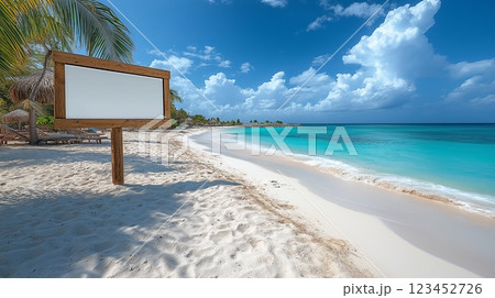 Blank wooden empty signboard mockup on sandy beach with ocean in background 123452726
