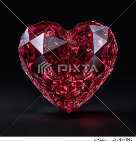 A vibrant heart-shaped gem glistens against a dark background showcasing intricate facets that reflect light. Its rich red hue captivates attention and symbolizes love. 123452843
