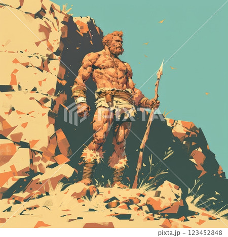 A muscular warrior stands proudly on a rocky outcrop holding a spear. His powerful physique and determined expression convey strength and bravery against a bright sky. 123452848