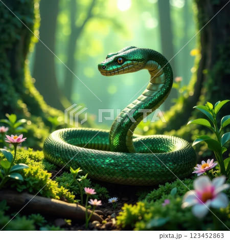 A vibrant green snake is coiled gracefully among colorful flowers in a lush forest. Sunlight filters through the trees casting enchanting shadows on the ground. 123452863