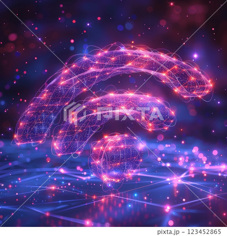 A glowing wireless connectivity symbol stands out against a dark colorful digital background. The design features sparkling patterns representing technology's advancement and connection. 123452865