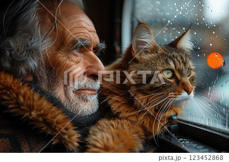 An elderly man with gray hair and a beard stares thoughtfully out the window during a rainy day. A fluffy cat rests beside him sharing the quiet moment together as raindrops trickle down the glass. 123452868