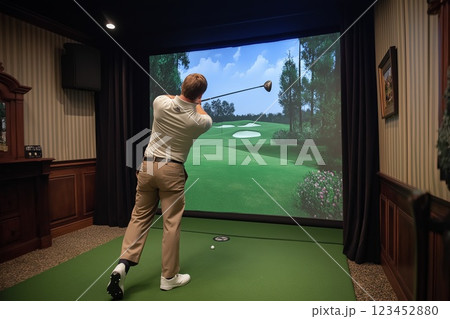Golfer playing golf in indoor simulator. AI generated 123452880