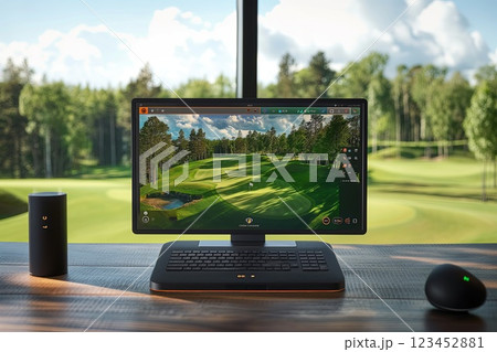 Golf course on the laptop screen of a personal computer. Golf simulator 123452881