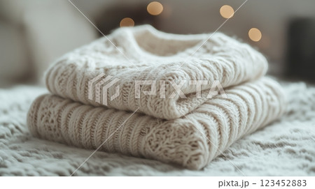 Cozy knitted sweaters stacked on a soft blanket in a warm indoor setting 123452883
