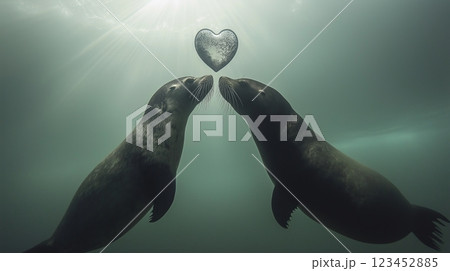 Two sea lions share a moment underwater while looking at a heart shape 123452885
