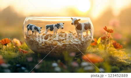 Cows made of plastic stand on a bed of popcorn in a serene outdoor setting 123452889